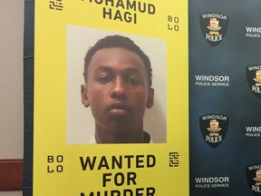 A Bolo Program sign showing Windsor murder suspect Mohamud Abukar Hagi at Windsor police headquarters on April 16, 2019.