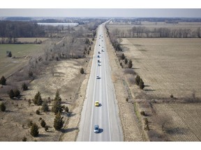 Traffic moves along a two-lane stretch of Highway 3, west of Leamington, on Friday, April 5, 2019.