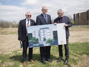 The Windsor Essex Community Housing Corporation held a news conference in April to announce the start of construction on a 145-unit, 10-storey residential building at 3100 Meadowbrook Lane. The city committed $12 million for the project, and this year's city budget is calling for more investment to help address the 5,700 households waiting for subsidized housing. From left, housing corporation CEO Jim Steele, Windsor Mayor Drew Dilkens and Adam Vaughan, parliamentary secretary to the federal minister of families, children and social development, are pictured during the ceremony.
