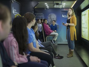 Emily Barsanti, an educator with the Simon Wiesenthal Center's Tour for Humanity, speaks to grade five students at Notre Dame Catholic Elementary School about human rights, Tuesday, April 2, 2019.  The Tour of Humanity is a 30-seat state-of-the-art  mobile human rights education centre.