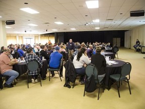 Hundreds came out to hear Iain DeJong, president and CEO of OrgCode speaks at a forum on homelessness in the Carousel Room of Western Fair District in London on Friday. (Derek Ruttan/The London Free Press)