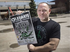 Organizer Leo Lucier, holds a poster for the 3rd annual Epic 420 Festival at Charles Clark Square, Monday, April 15, 2019.