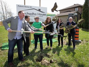 Shovels hit dirt for Muchadha House, a residence for youth with exceptional needs in Essex County, in Cottam on Saturday, April 27, 2019. Participating in the formal groundbreaking were, from left, Essex MPP Taras Natyshak, Kingsville Mayor Nelson Santos, Murchadha House president Sandy Murphy, Essex MP Tracey Ramsey, Windsor West MPP Lisa Gretzky and Essex County Warden Gary McNamara.
