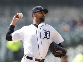 Detroit Tigers starting pitcher Tyson Ross throws during the first inning of a baseball game against the Kansas City Royals, Sunday, April 7, 2019, in Detroit.