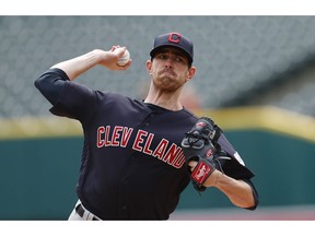 Cleveland Indians starting pitcher Shane Bieber throws during the first inning of a baseball game against the Detroit Tigers, Thursday, April 11, 2019, in Detroit.