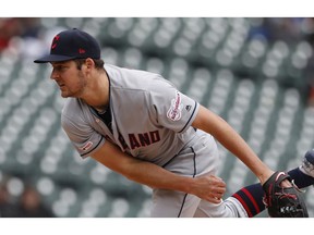Cleveland Indians starting pitcher Trevor Bauer throws during the fourth inning of a baseball game against the Detroit Tigers, Wednesday, April 10, 2019, in Detroit.
