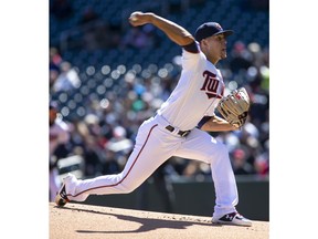 Minnesota Twins starting pitcher Jose Berrios (17) delivers against the Detroit Tigers during the first inning of a baseball game Sunday, April 14, 2019, in Minneapolis.
