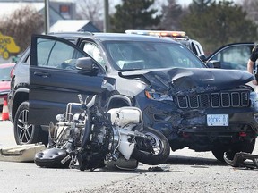 The scene of a collision between an SUV and a motorcycle on County Road 42 near Odessa Drive in the Tecumseh area on April 8, 2019. OPP have charged the driver of the SUV.