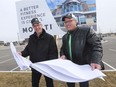 Rick Quesnel, VP of Construction for the Movati Fitness Club and CEO Chuck Kelly pose at the Division Rd. location on Tuesday, April 2, 2019, where the $18 million dollar facility will be located. Construction for the business has recently started at the area located just south of the Devonshire Mall.