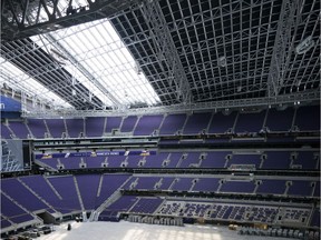 A portion of the rook is darkened with curtains as U.S. Bank Stadium in Minneapolis prepares for the NCAA college basketball Final Four, Tuesday, March 5, 2019.