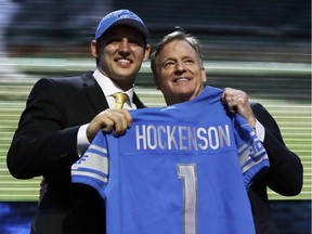 University of Iowa tight end T.J. Hockenson poses with NFL Commissioner Roger Goodell after the Detroit Lions selected Hockenson in the first round at the NFL Draft on Thursday.