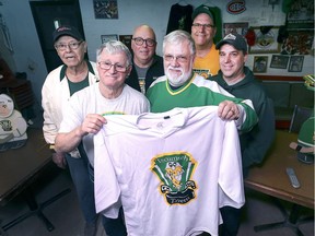 Clement Lachance, left, Ray Robinet, John Laporte, Ken Mayrand, Paul Lachance and Todd Mayrand, members of the Friday Knights Hockey Club are shown on Monday, April 22, 2019, at the group's clubhouse in Tecumseh. The club is planning to celebrate their 50th anniversary.