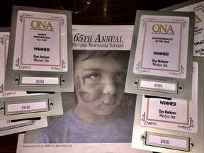 Award plaques for Windsor Star photographers Dax Melmer and Dan Janisse at the annual Ontario Newspaper Awards in Toronto, April 13, 2019.