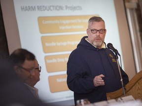 Michael Brennan, executive director at the AIDS Committee of Windsor, speaks during a presentation of the Windsor-Essex Community Opioid and Substance Strategy 2018 annual report at the Fogolar Furlan Club on April 12, 2019.