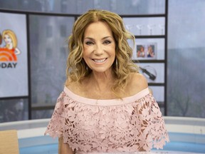 This April 2, 2019 photo shows "Today" show host Kathie Lee Gifford on the set in New York. Gifford wrapped up 11 years with NBC's "Today" show Friday. The 65-year-old host received a standing ovation from the audience after rapper Flo Rida opened the program by singing that the studio was "Kathie Lee's house."