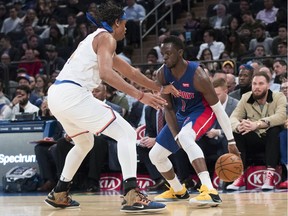 Detroit Pistons guard Reggie Jackson (1) drives against New York Knicks forward Isaiah Hicks during the first half of an NBA basketball game Wednesday, April 10, 2019, at Madison Square Garden in New York.