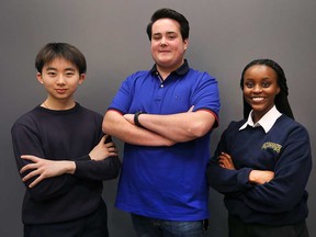 From left: Keagan Yap, 16; Alexander Morin, 17; and Larissa Dushime, 17. The three Windsor-Essex high school students will travel to Winnipeg to participate in the finals of the national Poetry in Voice competition on April 25, 2019. Each will recite selected verses before a panel of Canadian poets for a chance to win monetary prizes.