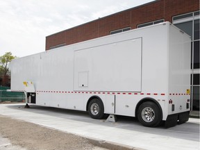 The trailer containing a new PET/CT scanner sits at its new home outside the cancer centre at Windsor Regional Hospital's Metropolitan campus on the day of its arrival Saturday, April 27, 2019.
