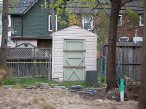The shed in the 1200 block of Argyle Road in Windsor's Walkerville area where a woman was found suffering from critical injuries on the afternoon of April 18, 2019.
