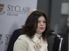 In this Jan. 23, 2018, file photo, St. Clair College president Patti France speaks during a press event celebrating the first anniversary of the Skilled Trades Regional Training Centre.