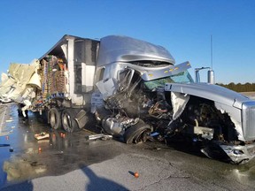 The aftermath of a collision between two tractor trailers on County Road 18 near Kingsville on the morning of April 1, 2019.