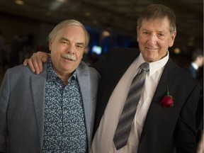 WINDSOR, ONT:. APRIL 15, 2019 - Community Service winner, Mike Dugal, left, and male Legacy winner, Jerry Serviss, are pictured together at the 14th annual WESPY Awards at the Caboto Club on Monday.