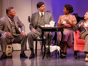 From left, Geraint Wyn Davies as Elyot Chase, Mike Shara as Victor Prynne, Sophia Walker as Sibyl Chase and Lucy Peacock as Amanda Prynne star in the Stratford Festival production Private Lives. (David Hou photo)