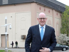 Mayor Drew Dilkens stands near the historic Windsor Arena, Friday May 3, 2019. Moments earlier Mayor Dilkens announced "a request for expressions of interest" for other developers or buyers who could build on the property.  A few years ago, the Windsor Arena site was touted as a possible location for the new Catholic Central High School.