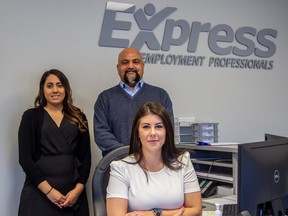 Handout The staff at Express Employment Professionals are shown at their new location in Chatham. Featured in the photo is Amanda, Usman Qureshi, and Jillian, at front.