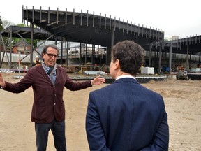 Lead architect Siamak Hariri and Stratford Festival artistic director Antoni Cimolino led media on a tour of the half-completed Tom Patterson Theatre Wednesday morning before the theatre's topping off ceremony. (Galen Simmons/The Beacon Herald)