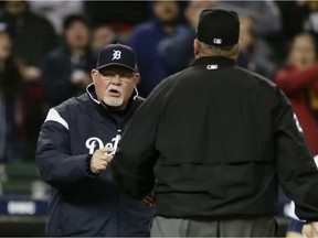 Manager Ron Gardenhire of the Detroit Tigers argues with third base umpire Fielin Culbreth and was ejected after the Miami Marlins challenged a call that left fielder Harold Ramirez dropped the ball during the ninth inning at Comerica Park on May 21, 2019 in Detroit, Michigan. The call was overturned and Ronny Rodriguez of the Detroit Tigers was out on a sacrifice fly. The Marlins defeated the Tigers 5-4 in 11 innings.