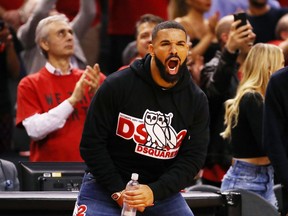 Rapper Drake reacts during game four of the NBA Eastern Conference Finals between the Milwaukee Bucks and the Toronto Raptors at Scotiabank Arena on May 21, 2019 in Toronto, Canada.