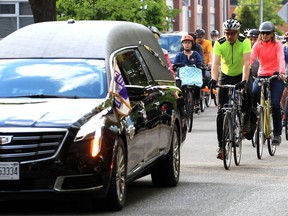 Local cyclists depart The Bike Kitchen on Monmouth Road for the annual Ride of Silence May 15, 2019.  Cyclists from around the city and county were joined by Bike Windsor Essex advocacy group for the silent procession bringing awareness to those who have been injuried or died while cycling.