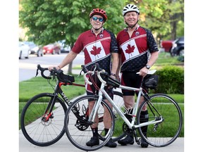 Colin Beniston, left, of Windsor and Yvon Dionne of Tecumseh are cyclists who will be at Juno Beach on D-Day after completing a 600-kilometre charity ride for Wounded Warriors Canada.