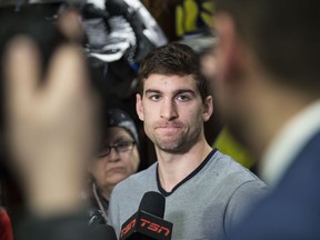 Toronto Maple Leaf John Tavares scrums at Leaf year-end media availability in Toronto on April 25, 2019.