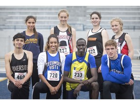 WECSSAA track and field all-stars, back row from left to right, St. Joseph Lasers' Nicole LaRue, Essex Red Raiders' Taylor Campeau, L'Essor Aigles Rose Forshaw, Essex's Kyra McKibbin and front row, left to right, Riverside Rebels' Syelis Brooks, Vista Academy Vortex's Krystalann Bechard, Kennedy Clippers Akot Akin and Vista Academy's Gage Marshall. Missing is Sandwich Sabres' Ronan Radovich.