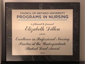 An award for Excellence in Professional Nursing Practice at the Undergraduate Student Level received by University of Windsor nursing student Elizabeth Dillon Friday, April 26, 2019, is shown. Dillon received the award from the Council of Ontario Universities.