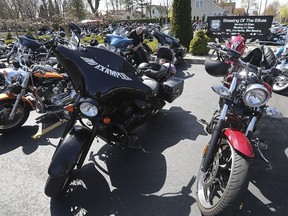 Over 600 motorcyclists attended the third annual Hogs for Hospice Blessing of the Bikes event on Sunday, May 5, 2019, at the First Lutheran Church in Kingsville, ON. The family-friendly event is meant to promote safety and fellowship among bikers and the local community. A portion of the motorcycles are shown during the event.