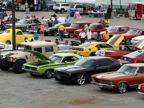 Vehicles gather in downtown Windsor's Riverfront Festival Plaza for the second annual Ouellette Car Cruise in August 2017.