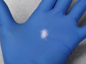 Carfentanil in granular form. A synthetic opioid intended for use  on large animals, carfentanil has 100 times the potency of fentanyl. The amount pictured is much more than enough to fatally overdose a human.
