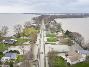 This file photo aerial view taken May 1, 2019, shows the extent of Lake Erie flooding on homes along Cotterie Park Road north of Hillman Marsh in Leamington. More rainfall and more shoreline flooding is forecast for the coming days