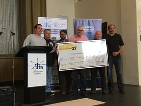 CUPE Local 27 members presented the Downtown Mission of Windsor executive director with a $25,000 donation. From left to right: Carlo DeRose, Anthony Birley, Ron Dunn, Bill Murray, Dan Mac Neil, Don Zanetti.