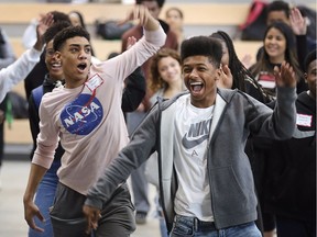 Donovan Hurst, left, and Tai Colquhoun, students from Herman Secondary School have some fun participating in an African dance lesson on Wednesday, May 1, 2019, at the main campus of St. Clair College. It was part of the Blackness and Canadian Identity: Promoting Black Excellence conference.