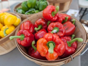 Bell peppers for sale by Mimi's Vegetables at the Downtown Windsor Farmers' Market in May 2016.