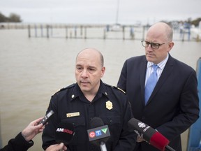 Mayor Drew Dilkens and fire chief, Stephen Laforet, speak to the media on the city's flood preparedness while at Lakeview Park Marina, Friday, May 3, 2019.
