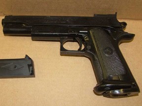 A replica handgun that Windsor police believe a 16-year-old male used in two robbery incidents on Wyandotte Street West on May 21, 2019.