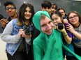 The Kennedy high school students who were responsible for the contest-winning "Training Works" safety video. From left: Kahless Christopher, Saina Ahmadi, Phoenix Lambier (in the green morphsuit), Yuvi Gill,  Sara Al Burkat, Tasha Dang, Jasmine Katona, and Liana Hockin, May 8, 2019.