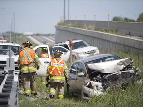 WINDSOR, ONT:. MAY 27, 2019 - Emergency crews work at the scene of a three-vehicle collision on E.C. Row west bound at Matchette Rd., Monday, May 27, 2019.  No word on injuries.
