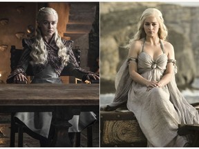 This combination photo of images released by HBO shows Emilia Clarke portraying Daenerys Targaryen in "Game of Thrones."The final episode of the popular series aired on Sunday, May 19, 2019. (HBO via AP)