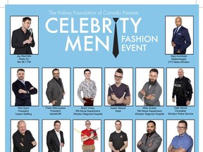 The poster for the fourth annual Celebrity Men Fashion Event is shown. The event raises money for The Kidney Foundation of Canada, and happens May 9 at 6:30 p.m. at the Water's Edge Event Centre.